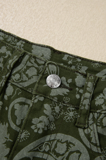 Green Paisley Print Harem Denim Pants