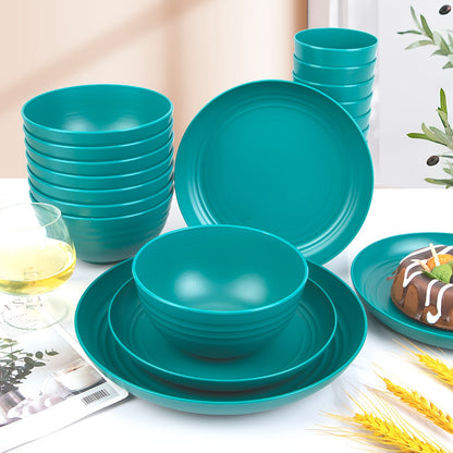 48pcs Gray Straw Dinnerware, Plates And Bowls Set, Camping Dish Set For 12, Plastic Dinnerware Set, Dishwasher Safe Gray Dinnerware Set, Unbreakable Plates, Camper Dish Sets, Reusable Tableware