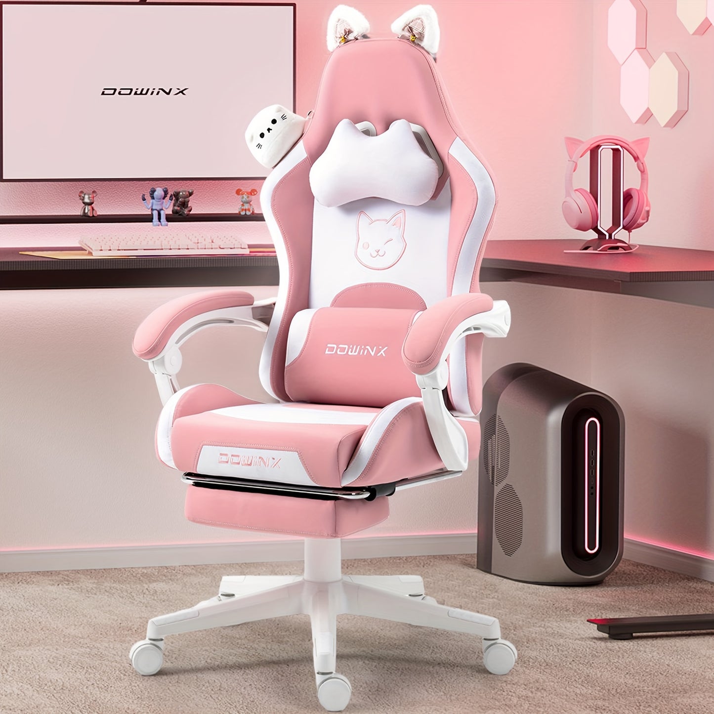Dowinx Gaming Chair Cute with Cat Ears and Massage Lumbar Support, Ergonomic Computer Chair for Girl with Footrest and Headrest, Comfortable Reclining Game Chair 290lbs for Adult, Teen Back-to-school Season Gift, School Suppl