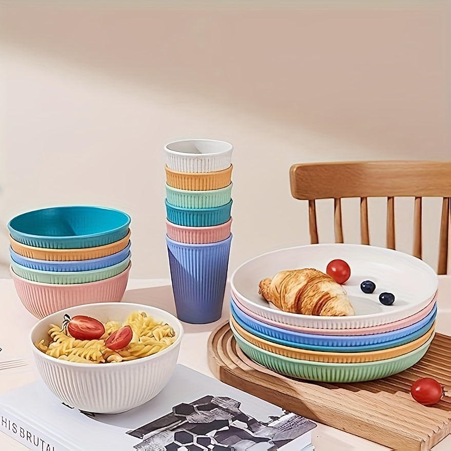 18/6pcs Unbreakable Plastic Dinnerware Set, Round, Polka Dots, Lightweight and Dishwasher Safe, Colorful, with Plants Theme, for Dorm, Kitchen, Camping, RV, and Party