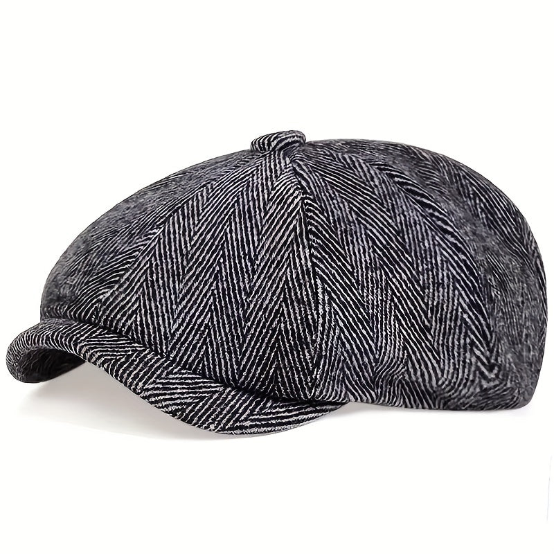 Retro-Schiebermütze im Fischgrätmuster für Herren – Schwarze, lässige Baskenmütze im Vintage-Stil, aus gestricktem Polyester, perfekt für Valentinstag und als Alltagsmütze | Vintage-Schiebermütze | Strickstruktur