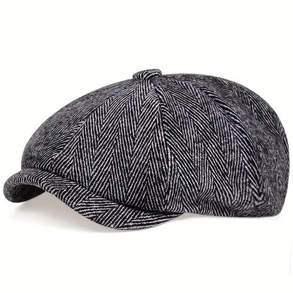 Retro-Schiebermütze im Fischgrätmuster für Herren – Schwarze, lässige Baskenmütze im Vintage-Stil, aus gestricktem Polyester, perfekt für Valentinstag und als Alltagsmütze | Vintage-Schiebermütze | Strickstruktur