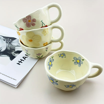 Ceramic Coffee Cups | Hand Pinched Irregular Flower Milk Tea Cup, Korean Style Oatmeal Breakfast Mug, Insulated, Reusable Drinkware for Adults
