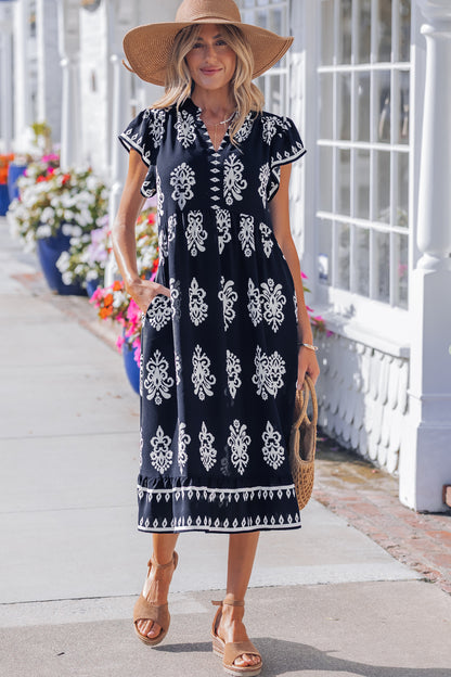 Blue Western Ethnic Print Notched Neck Short Sleeve Midi Dress