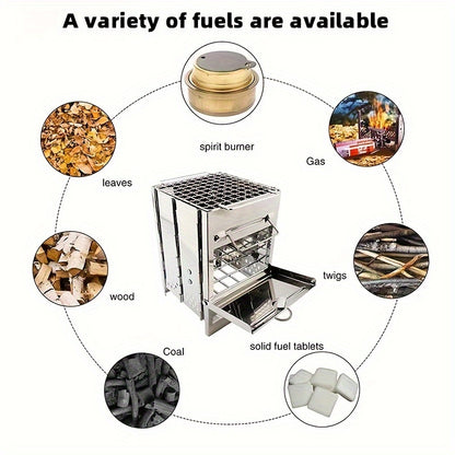 1pc Portable Mini Folding Wood Burning Camping Stove, Lightweight Stainless Steel Wood Stove - Perfect For Camping, Picnics, BBQ And Outdoor Cooking, Durable And Efficient.