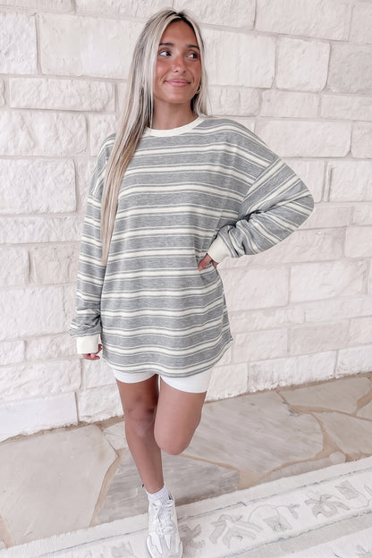 Gray Stripe Long Sleeve Round Neck Tunic Top