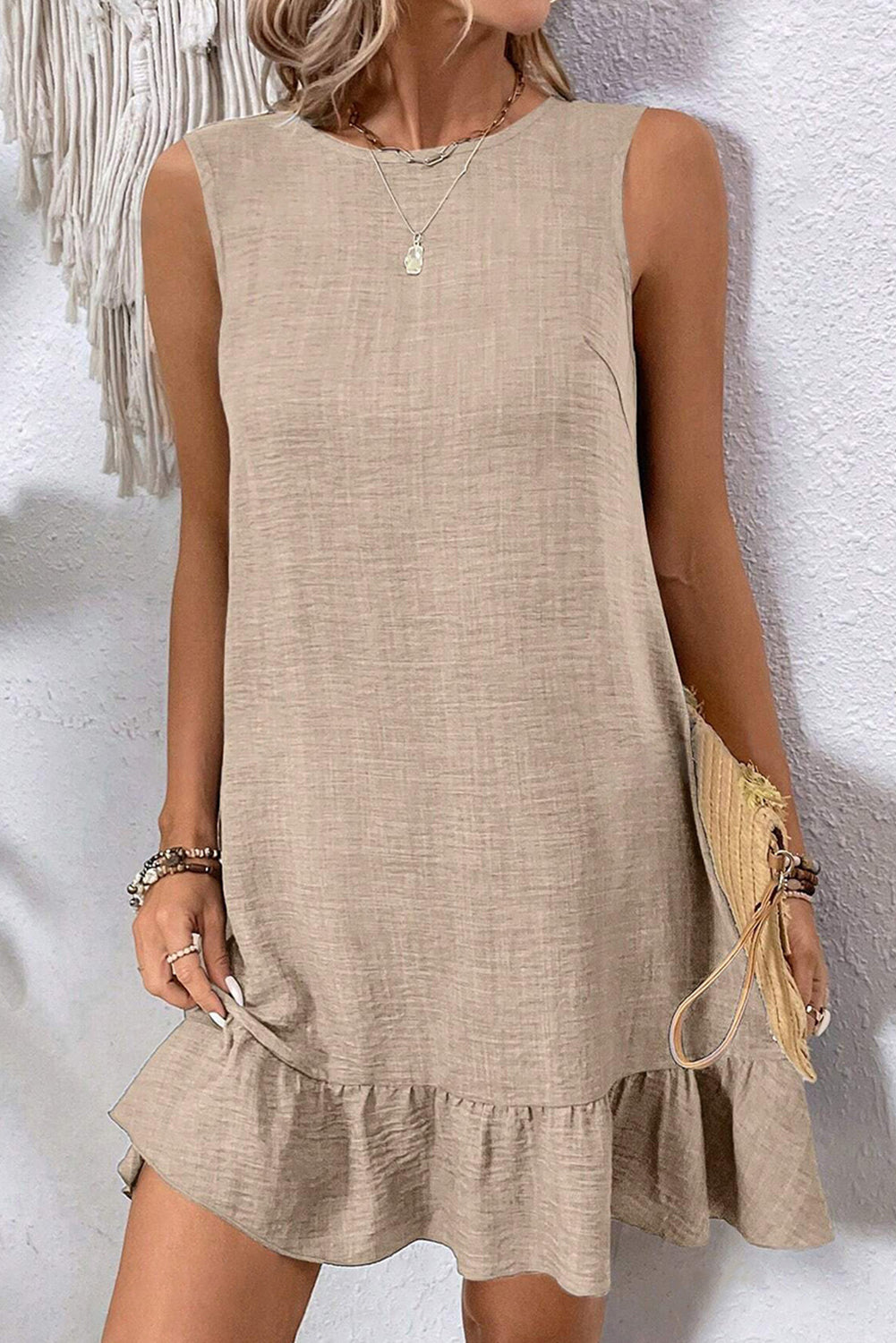 Smoke Gray Knot Scoop Back Ruffle Hem Sleeveless Mini Dress