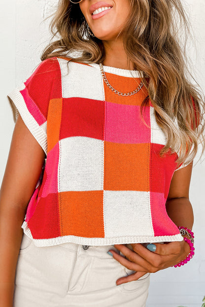White Color Block Cap Sleeve Sweater