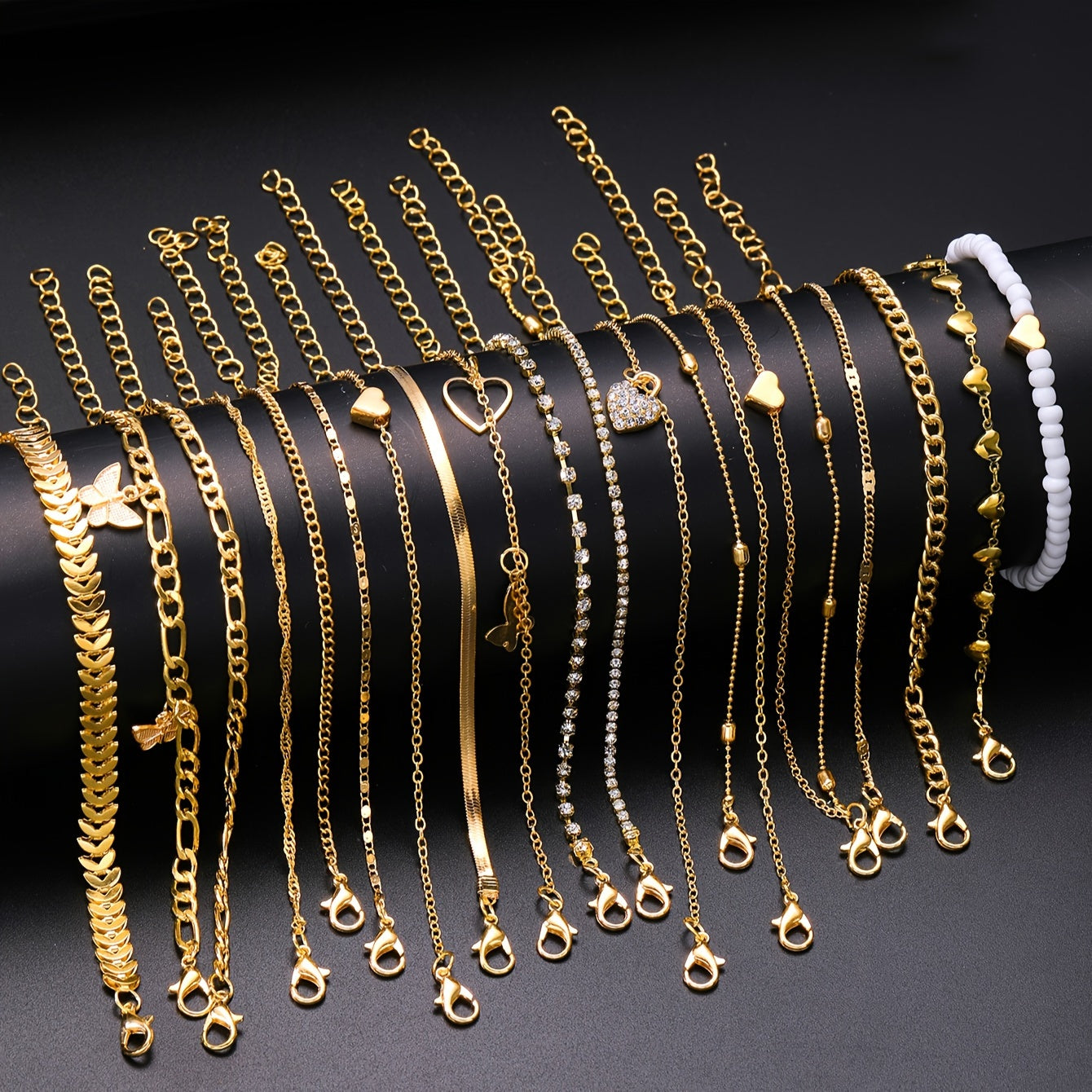 18-Piece Fashionable Simple Elegant Charm Anklets Set - Zinc Alloy Multi-Design Heart Butterfly Bead Chain Snake Chain Airplane Ball Chain Metal Anklets for Beach Party Vacation Casual Wear