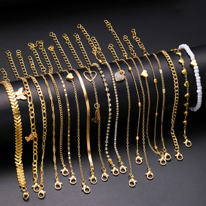 18-Piece Fashionable Simple Elegant Charm Anklets Set - Zinc Alloy Multi-Design Heart Butterfly Bead Chain Snake Chain Airplane Ball Chain Metal Anklets for Beach Party Vacation Casual Wear
