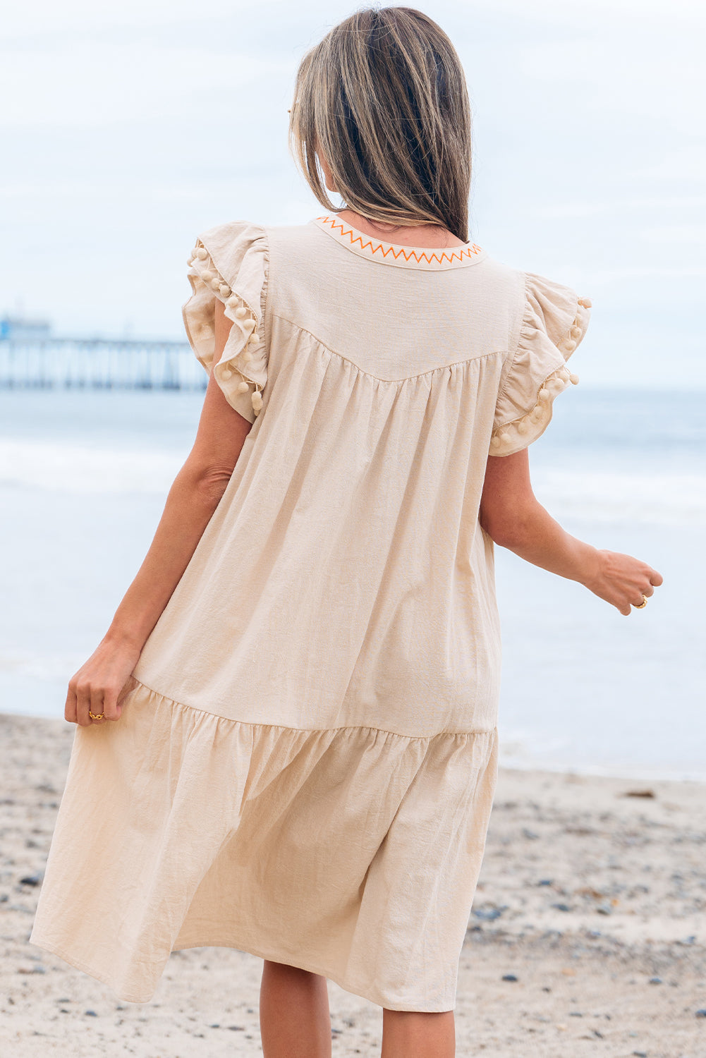 Jet Stream Linen Embroidery Split Neck Pom Pom Ruffle Sleeves Flowy Short Dress