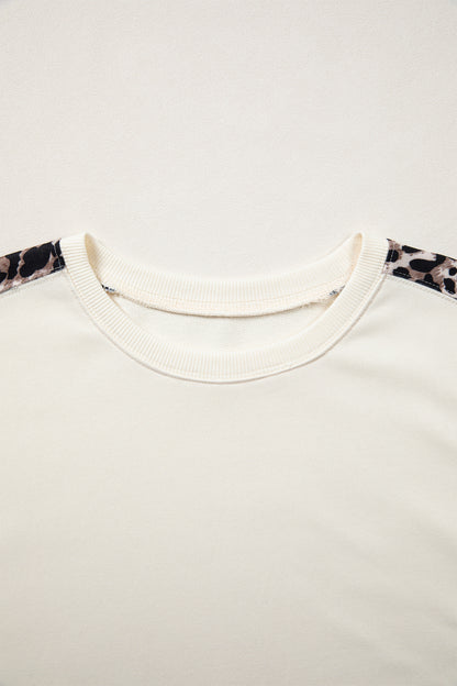 Beige Leopard Block Patchwork Uneven Hem Short Sleeve Top
