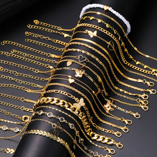 18-Piece Fashionable Simple Elegant Charm Anklets Set - Zinc Alloy Multi-Design Heart Butterfly Bead Chain Snake Chain Airplane Ball Chain Metal Anklets for Beach Party Vacation Casual Wear