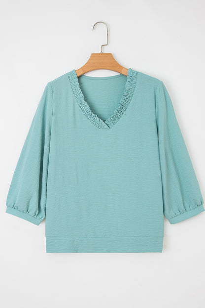Moonlight Jade Frilled V Neckline Bracelet Sleeve Crinkled Blouse