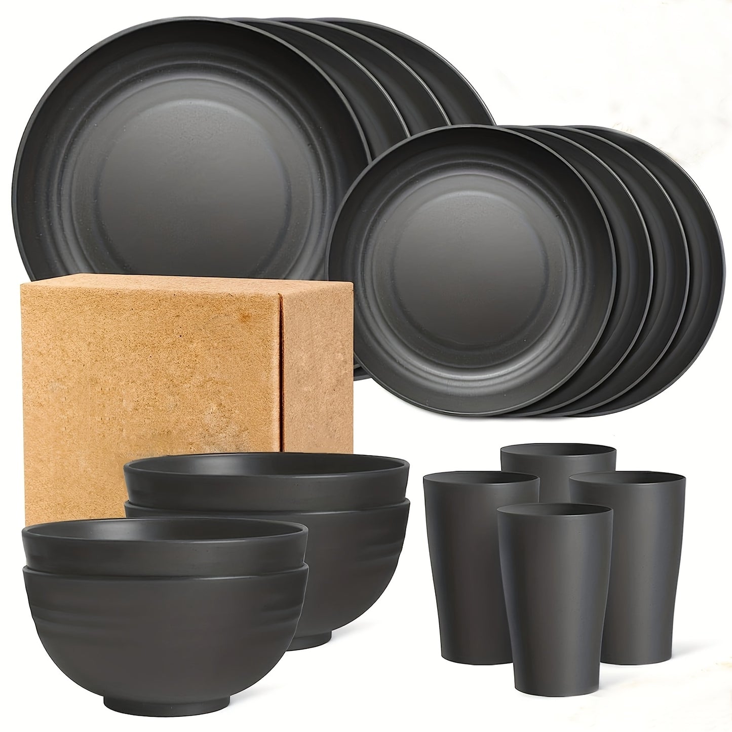 Premium Family Outdoor Dinnerware Set - 16 Unbreakable Pieces, Microwave - and Dishwasher - Safe, Black Set with 8 Plates, 4 Bowls and 4 Cups