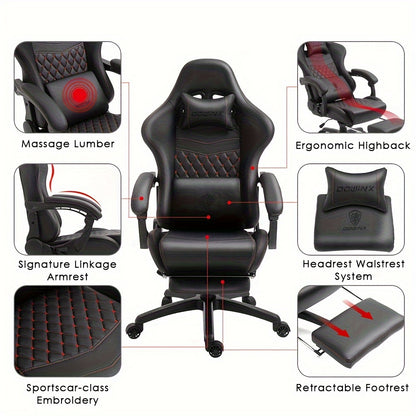 Dowinx Gaming Chair Office Desk Chair with Massage Lumbar Support, Vintage Style Task Chair PU Leather E-Sports Gamer Chair with Retractable Footrest