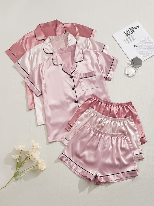 3-teiliges Satin-Pyjama-Set, Kurzarm-Top mit Reverskragen und Shorts mit elastischem Bund, Damen-Nachtwäsche &amp; Loungewear