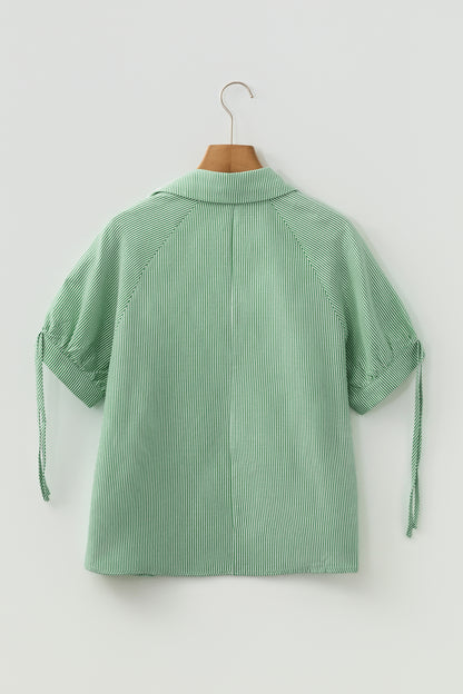 Mint Green Striped Print Collared Split Neck Half Sleeve Blouse