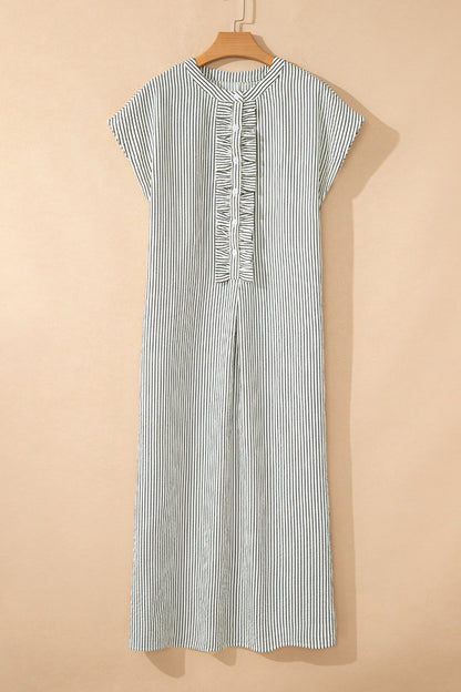 Black Stripe Frilled Detail Half Buttons Short Sleeve Long Dress