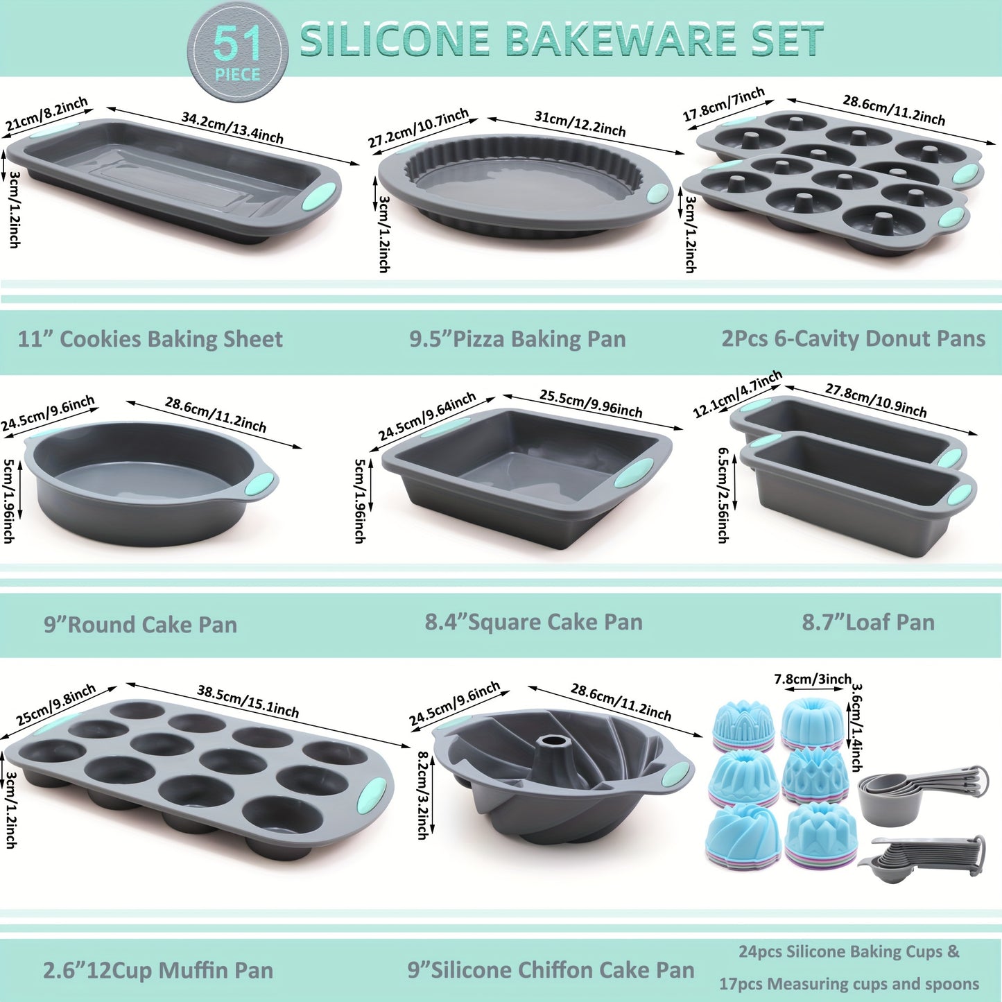 51/46 Pieces Silicone Bakeware Set, Non-Stick Kitchen Oven Baking Pans, Silicone Cake Molds with Muffin Pan, Cookies Baking Sheet, Cake Pan, Donut Pan and Loaf Pan  with 24 Pack Silicone Baking Cups, 17pcs Measuring Cups and