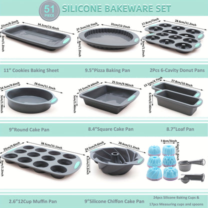 51/46 Pieces Silicone Bakeware Set, Non-Stick Kitchen Oven Baking Pans, Silicone Cake Molds with Muffin Pan, Cookies Baking Sheet, Cake Pan, Donut Pan and Loaf Pan  with 24 Pack Silicone Baking Cups, 17pcs Measuring Cups and