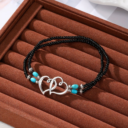 3 Pcs Shimmering Heartfelt Multicolor Beaded Anklet Set - Fashion Delicate Hollow Double Heart Design With Mini Seed Beads, Adjustable Elastic Boho Chic Anklets, Women Anklets, Surf Anklet, A Charm For Everyday Wear And Vacat