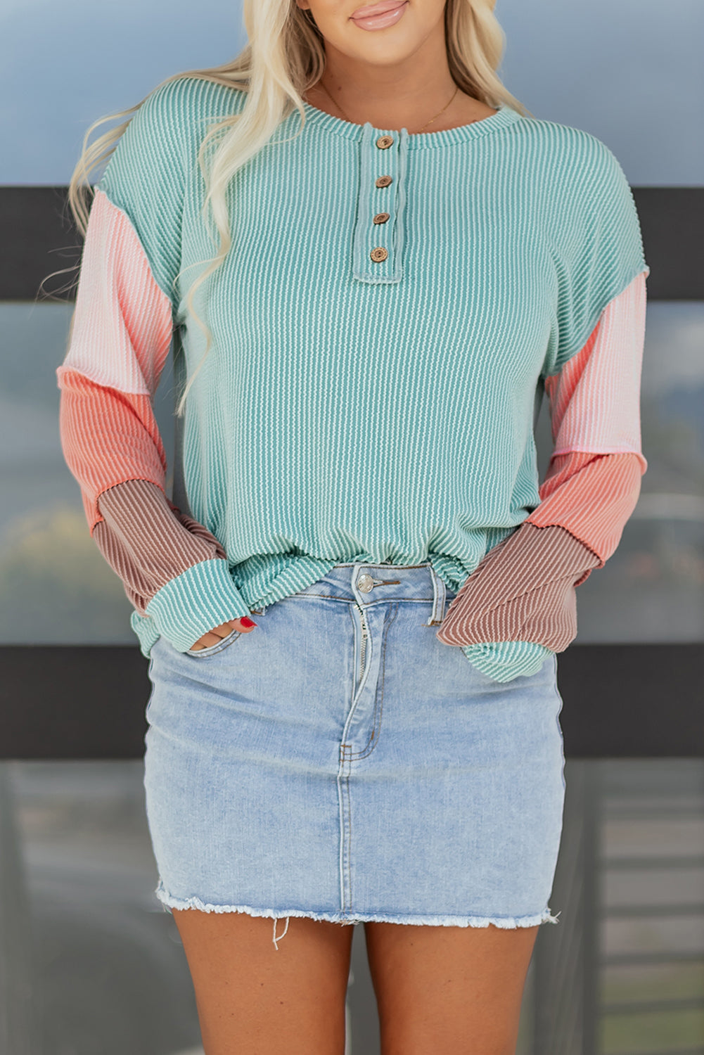 Multicolour Twisted Ribbed Knit Colorblock Henley Top