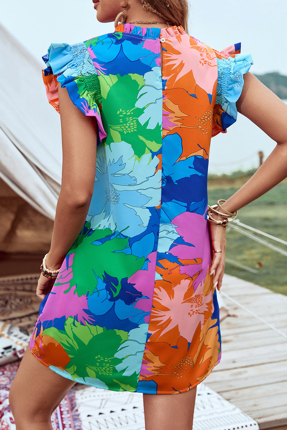 Blue Bold Floral Flutter Sleeve Shift Mini Dress with Pockets