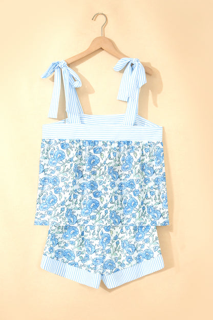 Sky Blue Floral Striped Patchwork Knot Straps 2pcs Short Set