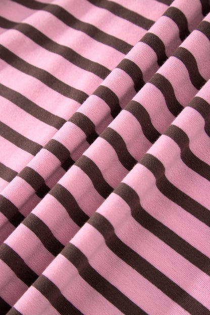 Rose Stripe Striped V-Neck Ribbed Collar Cuff Gathering Puff Sleeve Top
