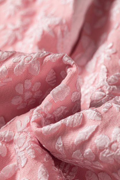 Apricot Pink Floral Textured Jacquard Puff Sleeve Blouse