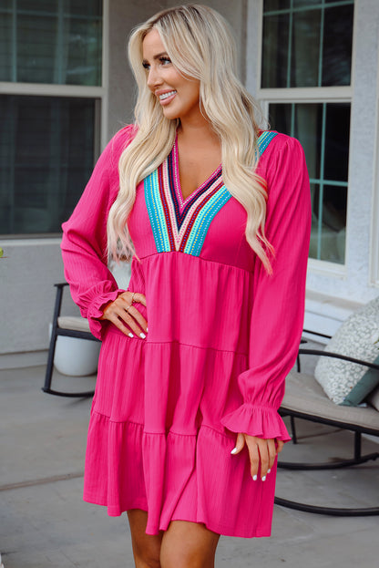 Rose Red Colorful Crochet V Neck Textured Tiered Ruffled Long Sleeve Mini Dress