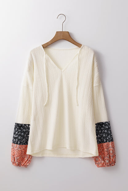 Beige Floral Patchwork Textured Knit Drawstring V Neck Blouse