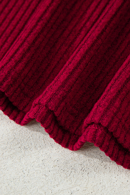 Racing Red Ribbed V Neck Contrast Ribbon Bow Back Drop Shoulder Long Sleeve Top