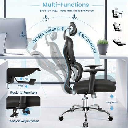 KERDOM Ergonomic Office Chair, Home Desk Chair, Comfy Breathable Mesh Task Chair, High Back Thick Cushion Computer Chair with Headrest and 3D Armrests, Adjustable Height Gaming Chair