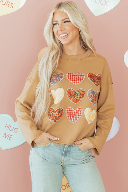 Straw Yellow Plaid Floral Heart Stitched Exposed Seam Mineral Wash Sweatshirt