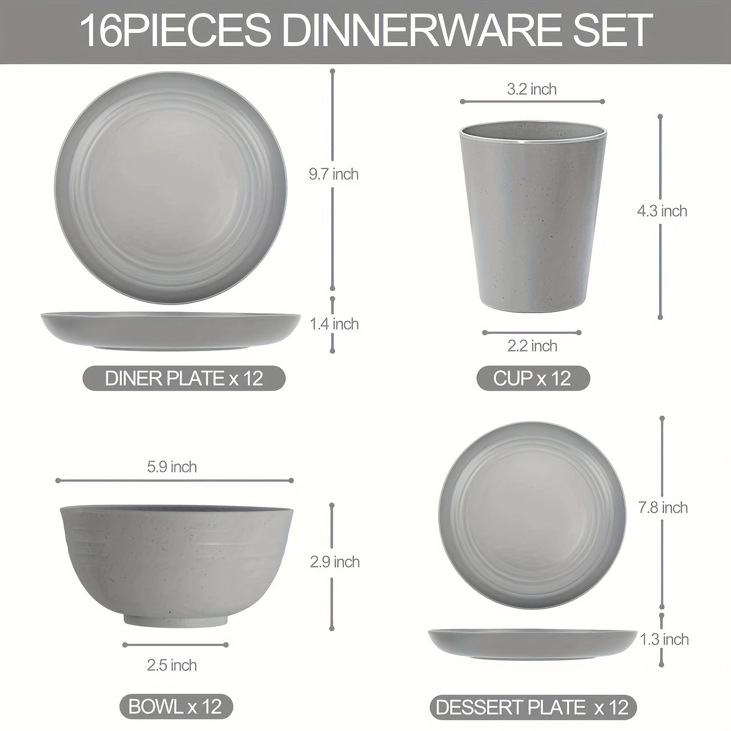 48pcs Gray Straw Dinnerware, Plates And Bowls Set, Camping Dish Set For 12, Plastic Dinnerware Set, Dishwasher Safe Gray Dinnerware Set, Unbreakable Plates, Camper Dish Sets, Reusable Tableware