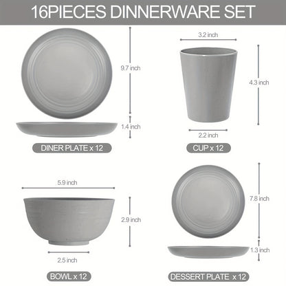 48pcs Gray Straw Dinnerware, Plates And Bowls Set, Camping Dish Set For 12, Plastic Dinnerware Set, Dishwasher Safe Gray Dinnerware Set, Unbreakable Plates, Camper Dish Sets, Reusable Tableware
