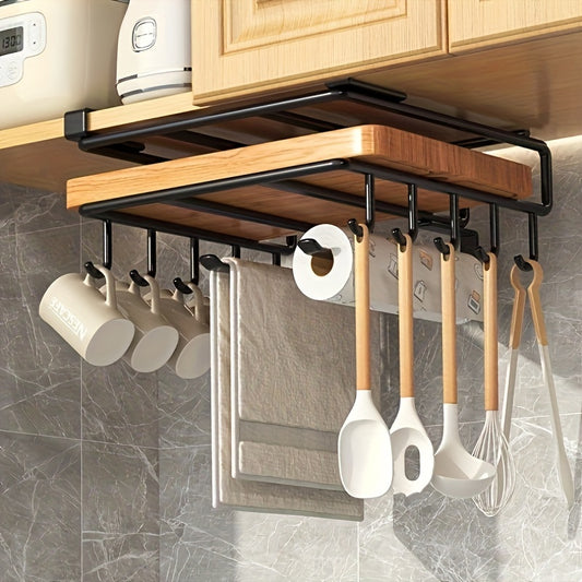 Stainless Steel No-Drill Kitchen Storage Rack for Hanging Under Cabinets, with a Board Holder, Paper Towel Holder, And Pot Lid Organizer