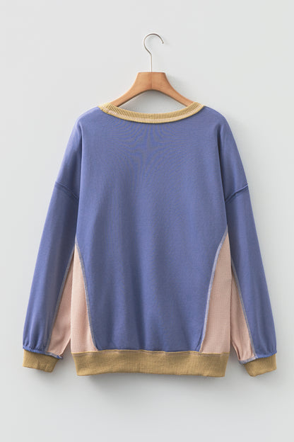 Wild Wind Color Block Mix Texture Waffle Patchwork Oversize Sweatshirt
