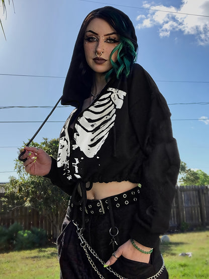 Gothic-Hoodie für Damen mit Totenkopf-Print, lässigem Kordelzug, kurzem Ärmel und langen Ärmeln