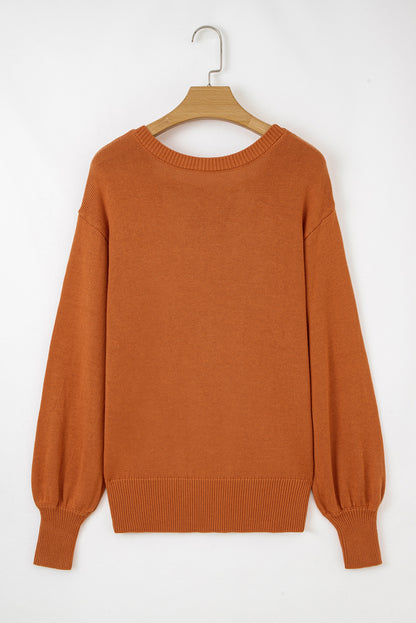 Gold Flame Solid Color Ribbed Trim Drop Shoulder Sweater