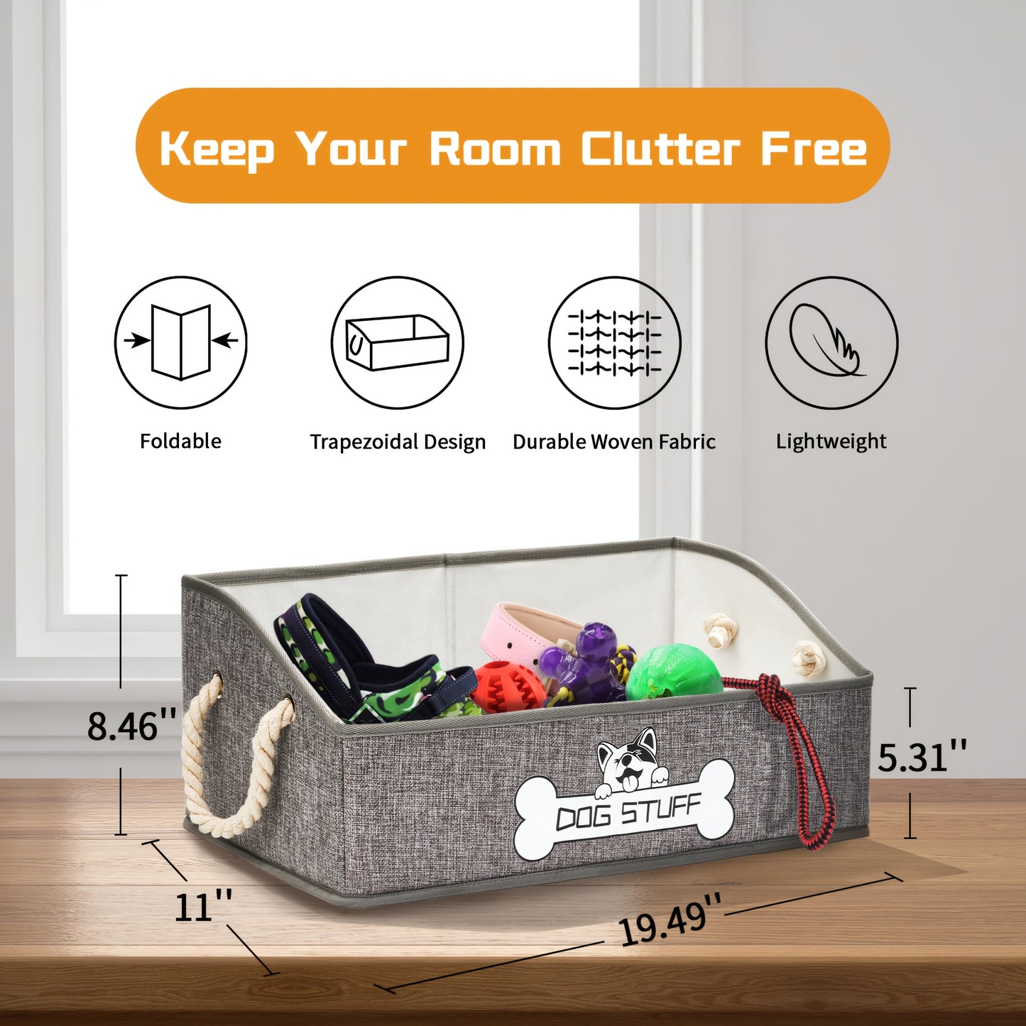 Collapsible Fabric Dog Toy Box And Storage Bin with Handle - Trapezoid Basket Chest Organizer for Pet Toys, Blankets And Accessories