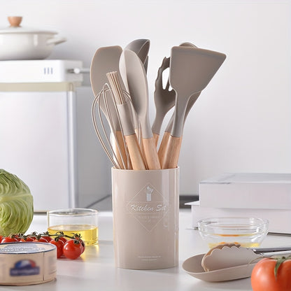 [Non-stick Pot Baking Set] Brodark 12pcs Set, Wooden Handle Silicone Kitchenware Set, Kitchen Baking Cooking Tools Set High Temperature Resistant Non-stick Pot Special Kitchenware, Kitchen Stuff Baking Supplie