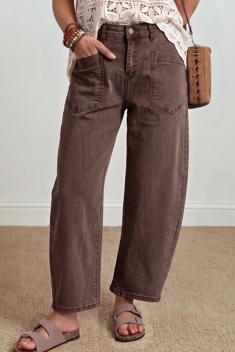 Coffee Solid Color Square Patch Pocket Ankle-length Barrel Jeans