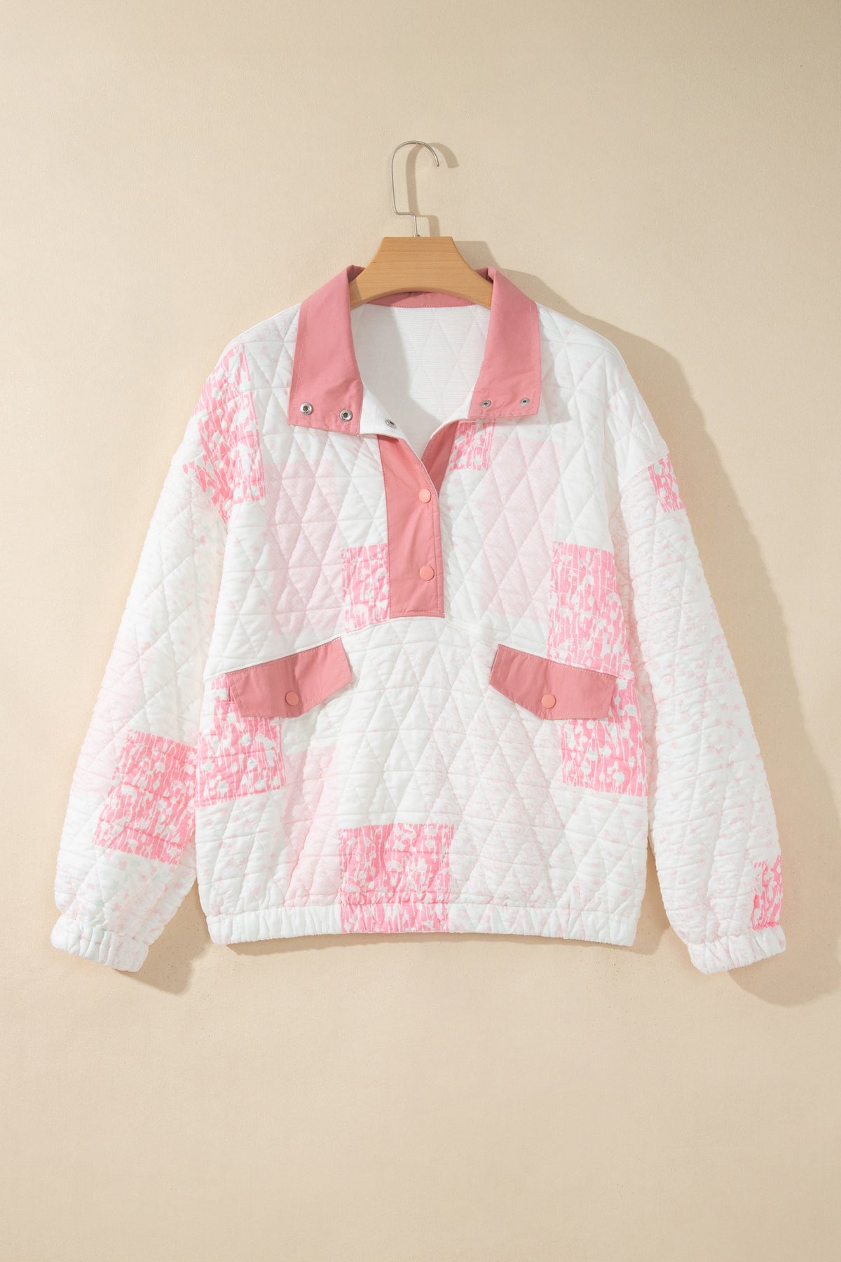 Pink Floral Quilted Half Button Pocketed Pullover Sweatshirt