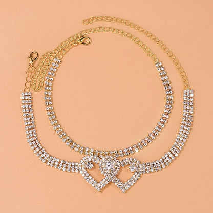 2pcs Trendy Style Double Heart Rhinestone Decor Anklets, Shiny Multi Layer Double Heart Crossed Anklets, Foot Chain Jewelry Accessories