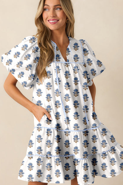 Sky Blue Floral Puff Sleeve Tied Neck Pocketed Mini Dress