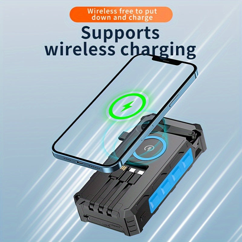 30000mAh Solar Power Bank - Portable Power Banks with 7 Outputs, 4 Inputs, 15W Fast Charging, Wireless Charger, Hand Crank, 3 Cables, SOS/Strobe/Strong Flashlights, and Emergency Power Source
