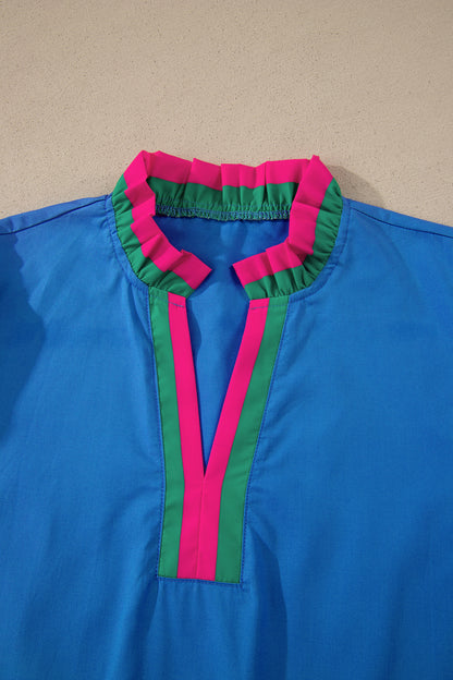 Sky Blue Striped Frilled Collar Ruffled Short Sleeve Blouse